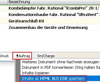 Inhalt eines Auftrages in andere Formate exportieren